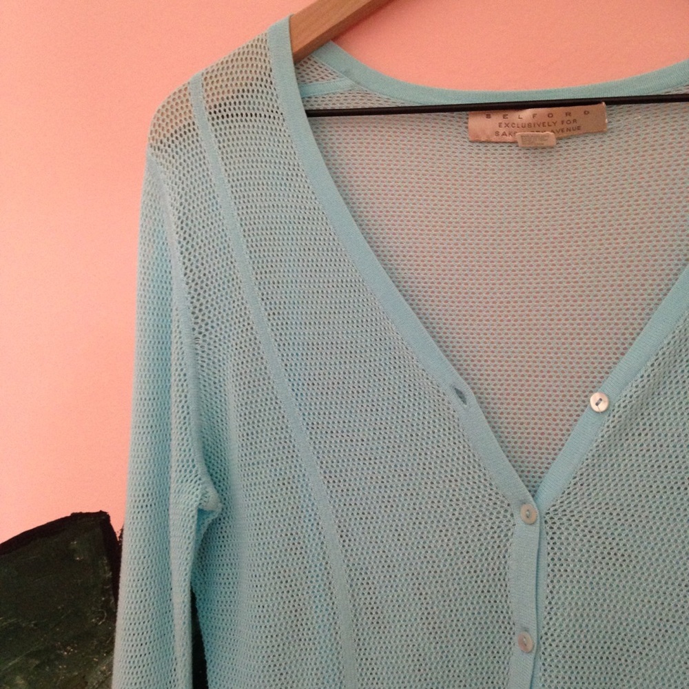Belford Saks Fifth Avenue Blue Mesh Cardigan M - Picture 3 of 6